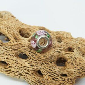 Purple with Pink Flowers European Glass Charm Bead with Silver Core Center